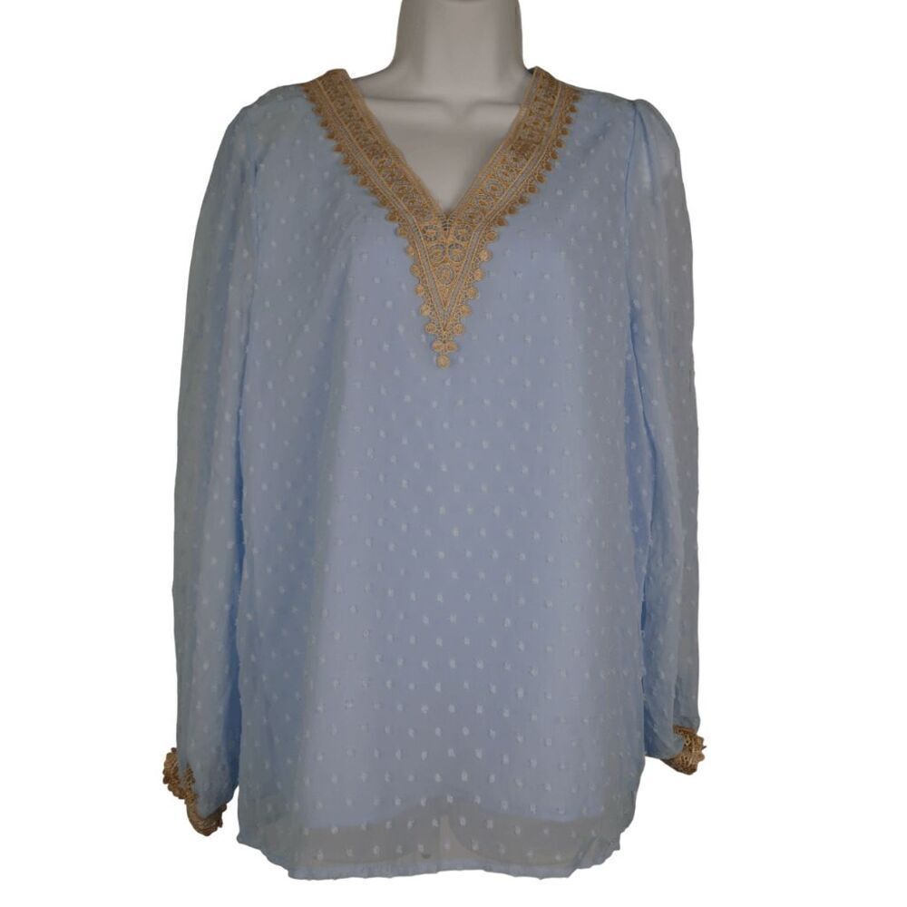 Women's Blue Swiss Dot Lace-Trim V-neck Long Sleeve  Top M